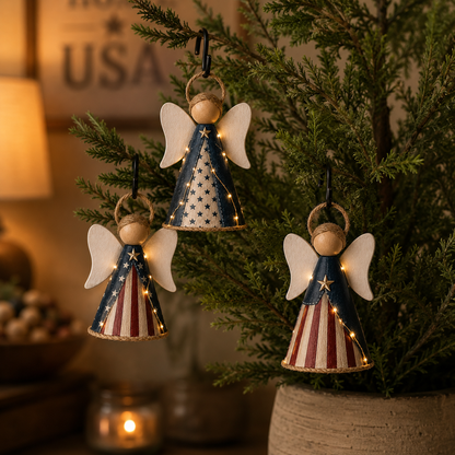 😇Rustic Red, White & Blue Angel Ornament with Warm LED Lights -3Pcs