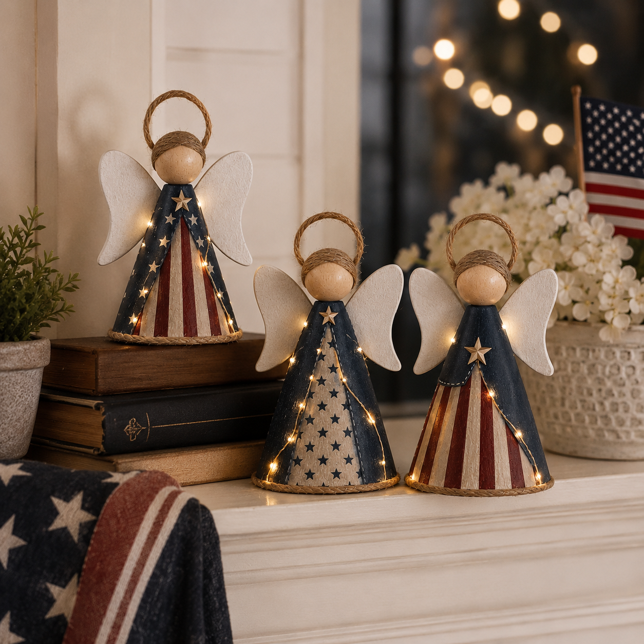 😇Rustic Red, White & Blue Angel Ornament with Warm LED Lights -3Pcs