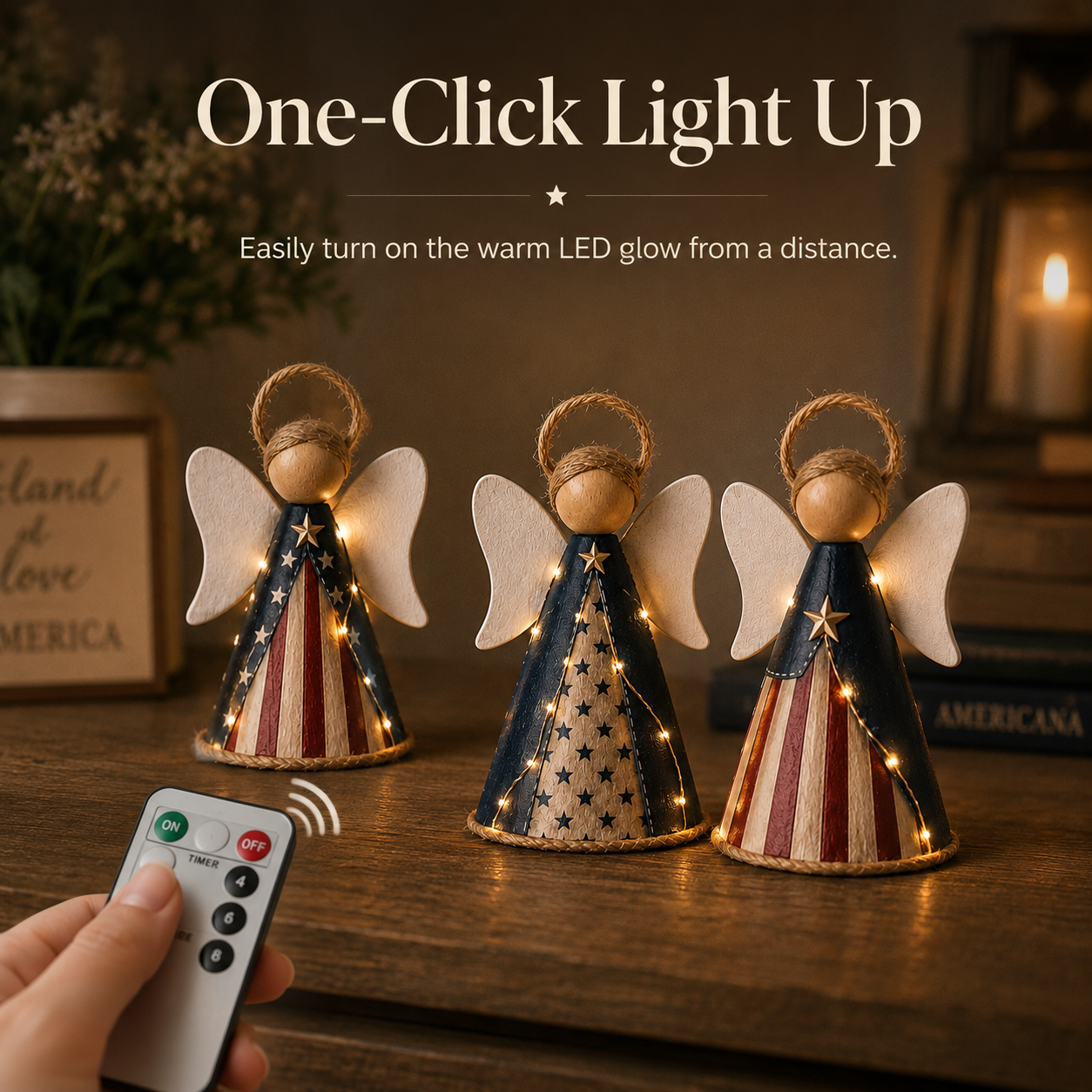 😇Rustic Red, White & Blue Angel Ornament with Warm LED Lights -3Pcs