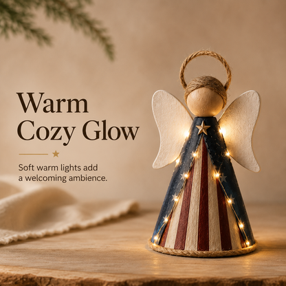 😇Rustic Red, White & Blue Angel Ornament with Warm LED Lights -3Pcs