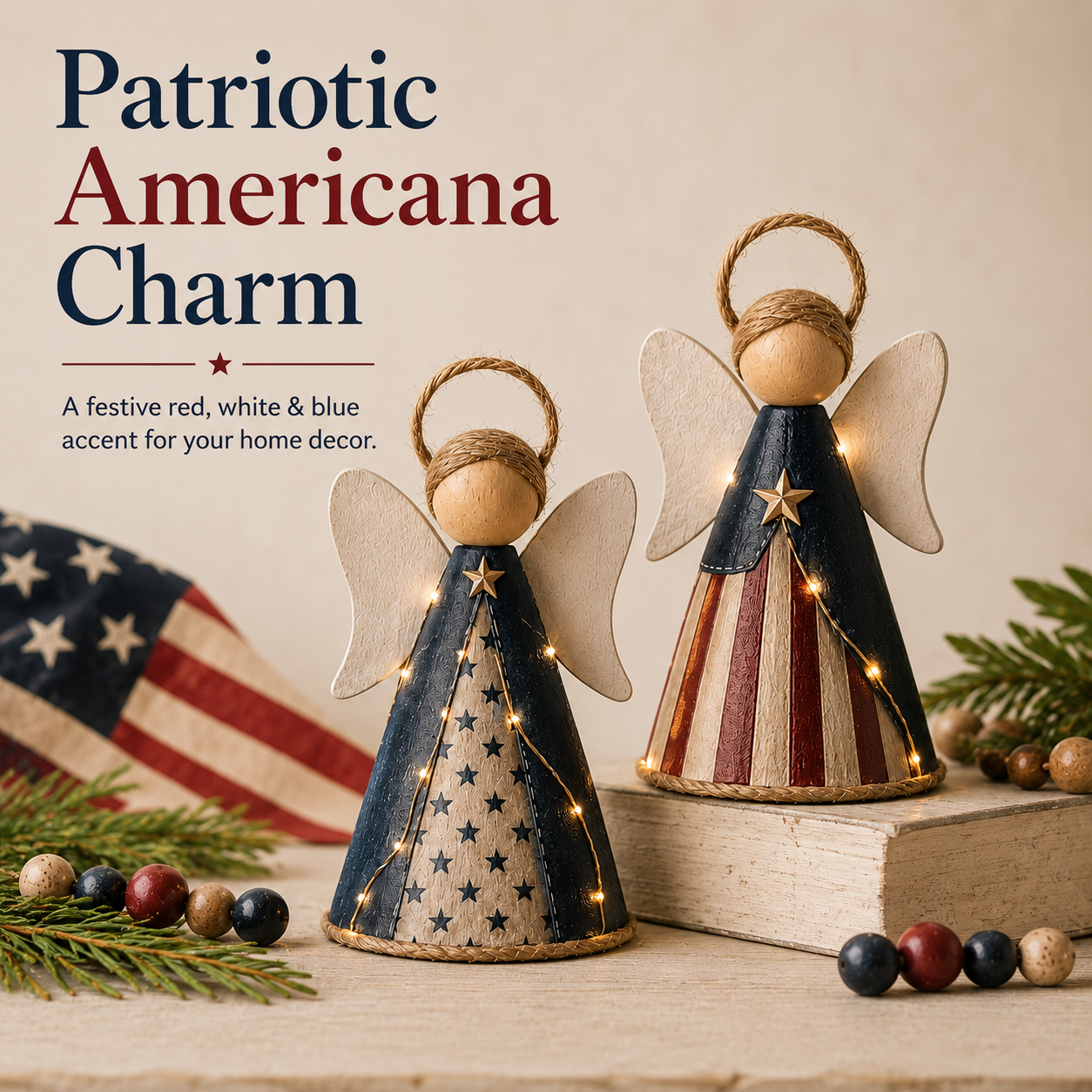 😇Rustic Red, White & Blue Angel Ornament with Warm LED Lights -3Pcs