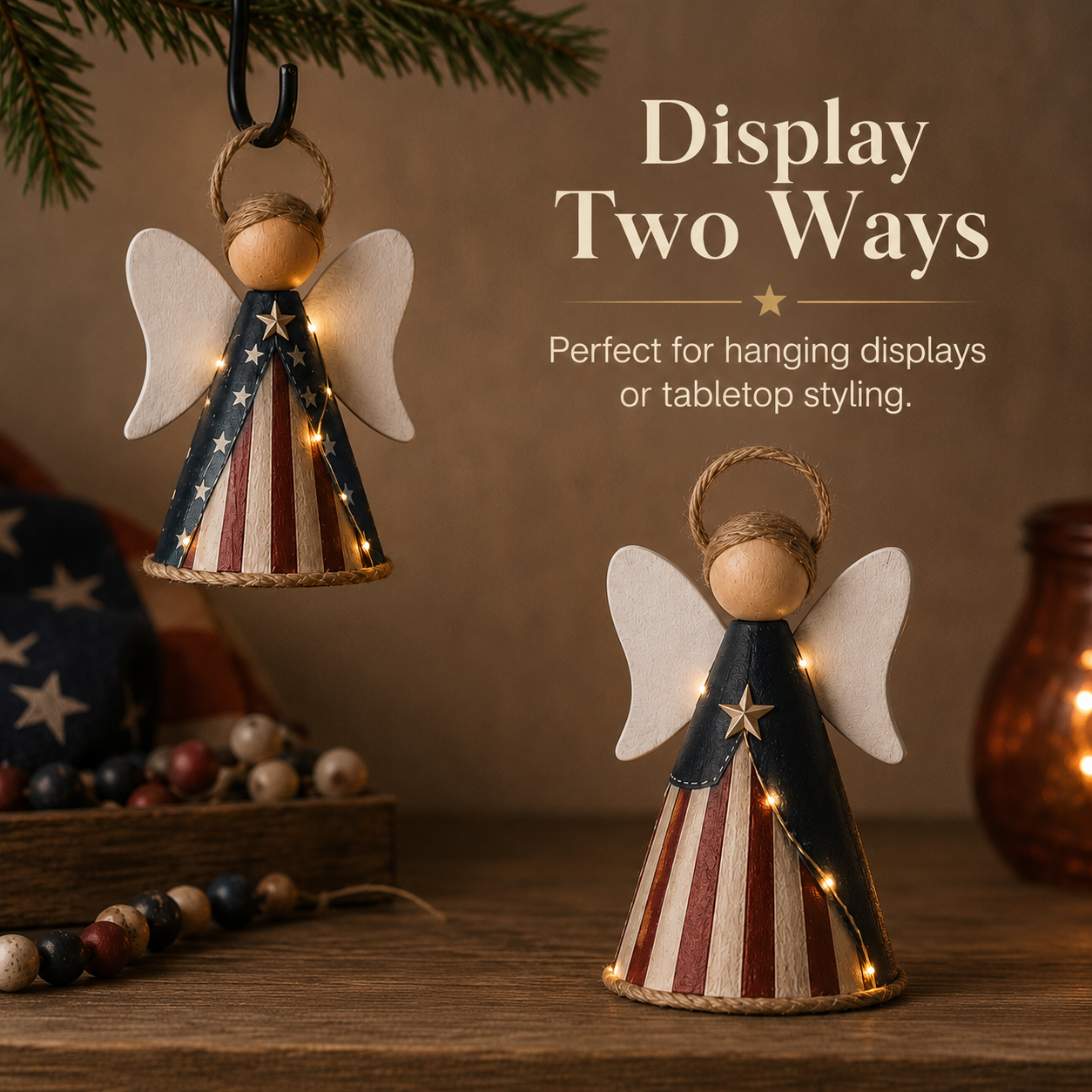 😇Rustic Red, White & Blue Angel Ornament with Warm LED Lights -3Pcs