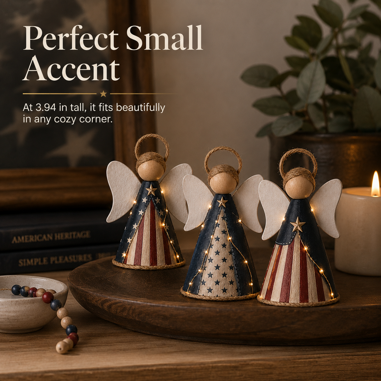 😇Rustic Red, White & Blue Angel Ornament with Warm LED Lights -3Pcs
