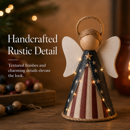 😇Rustic Red, White & Blue Angel Ornament with Warm LED Lights -3Pcs