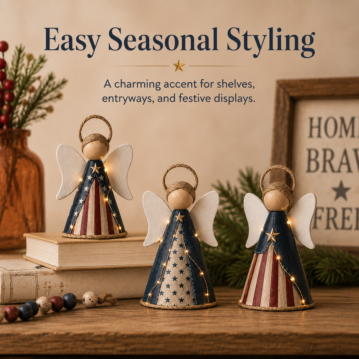 😇Rustic Red, White & Blue Angel Ornament with Warm LED Lights -3Pcs