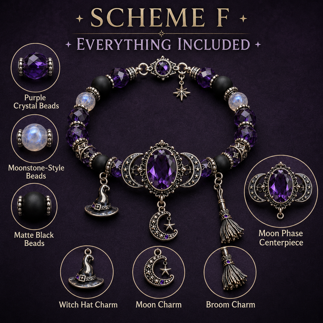 🔮 Witch’s Crystal Moon Charm Bracelet