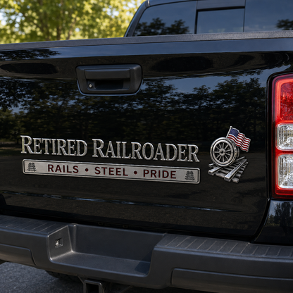 🚂 Retired Railroader Rails Steel Pride Metal Car Emblem Badge