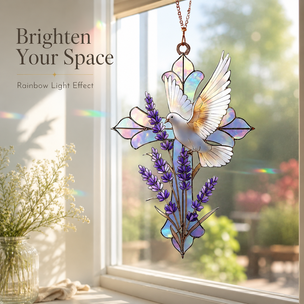 Dove and Lavender Cross Stained Glass Style Suncatcher, Christian Window Hanging Memorial Gift