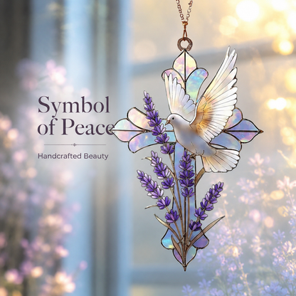 Dove and Lavender Cross Stained Glass Style Suncatcher, Christian Window Hanging Memorial Gift