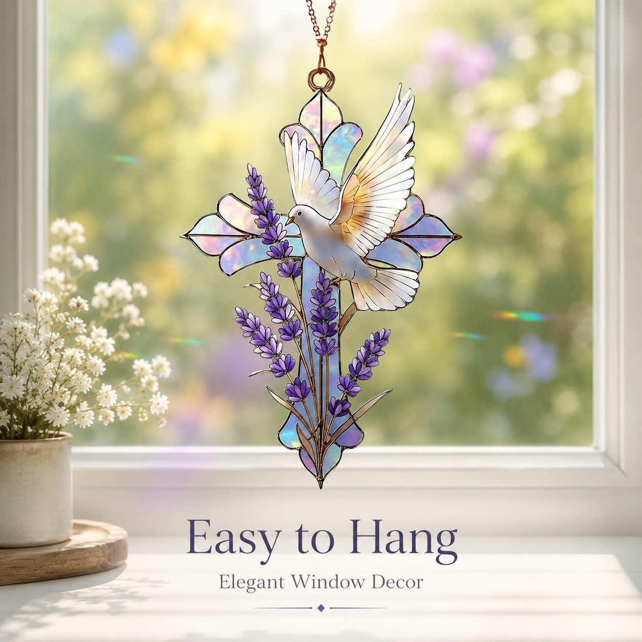 Dove and Lavender Cross Stained Glass Style Suncatcher, Christian Window Hanging Memorial Gift