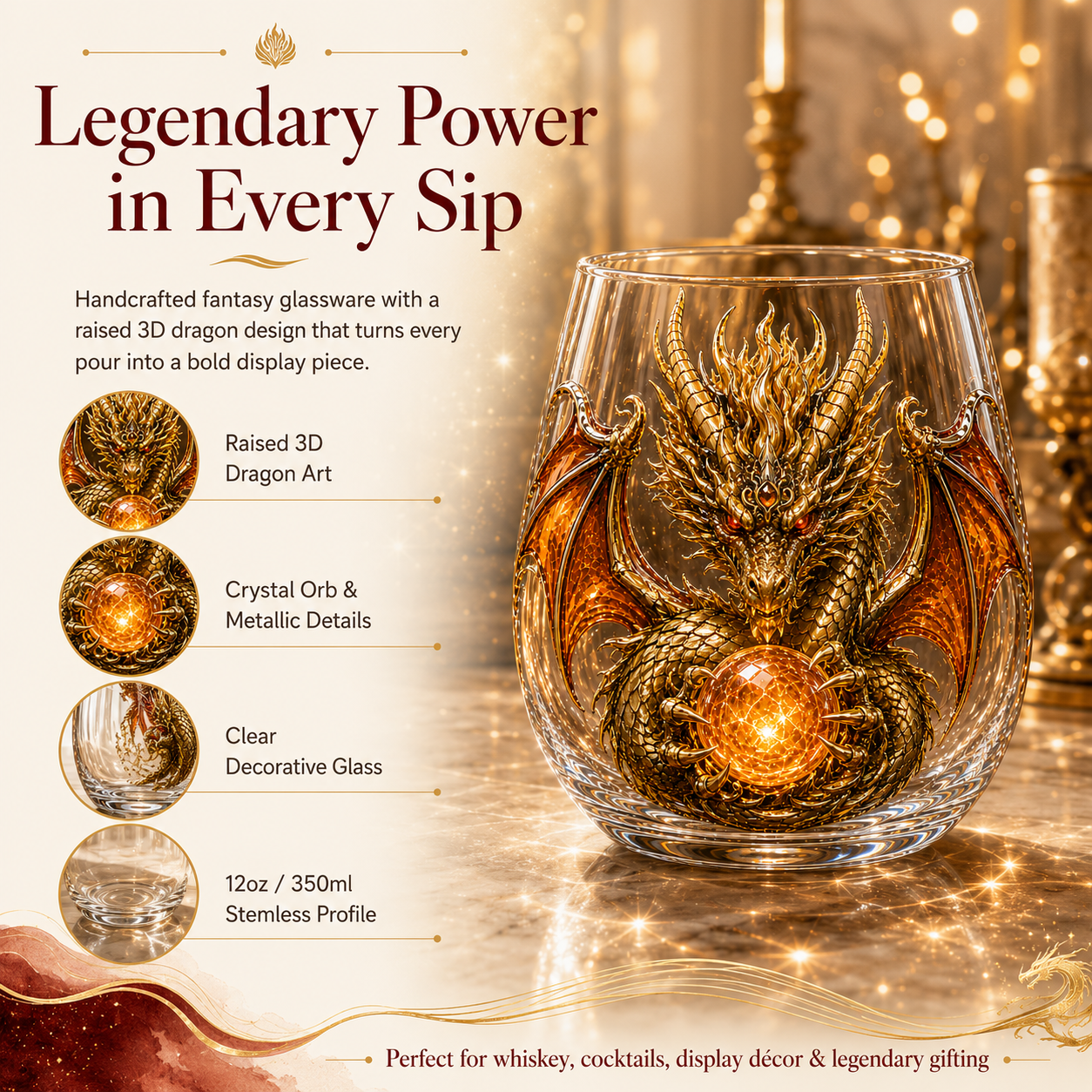 ✨🐉✨ 3D Mythic Dragon Glass Art Cup | Luxury Raised Fantasy Glassware for Whiskey, Home Bar Décor & Legendary Gifts 🎁
