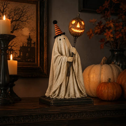 🎃Lighted Vintage Ghost Figurine with Glowing Pumpkin Staff
