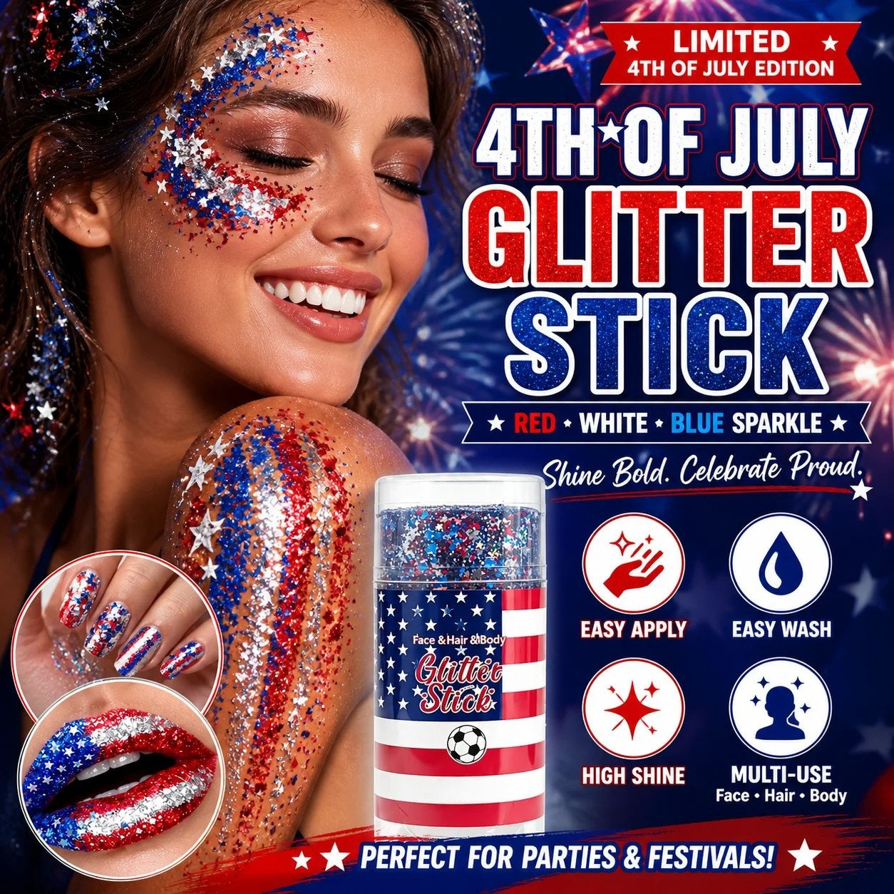 🦅4th of July Glitter Stick✨Red, White & Blue Body & Hair Sparkle