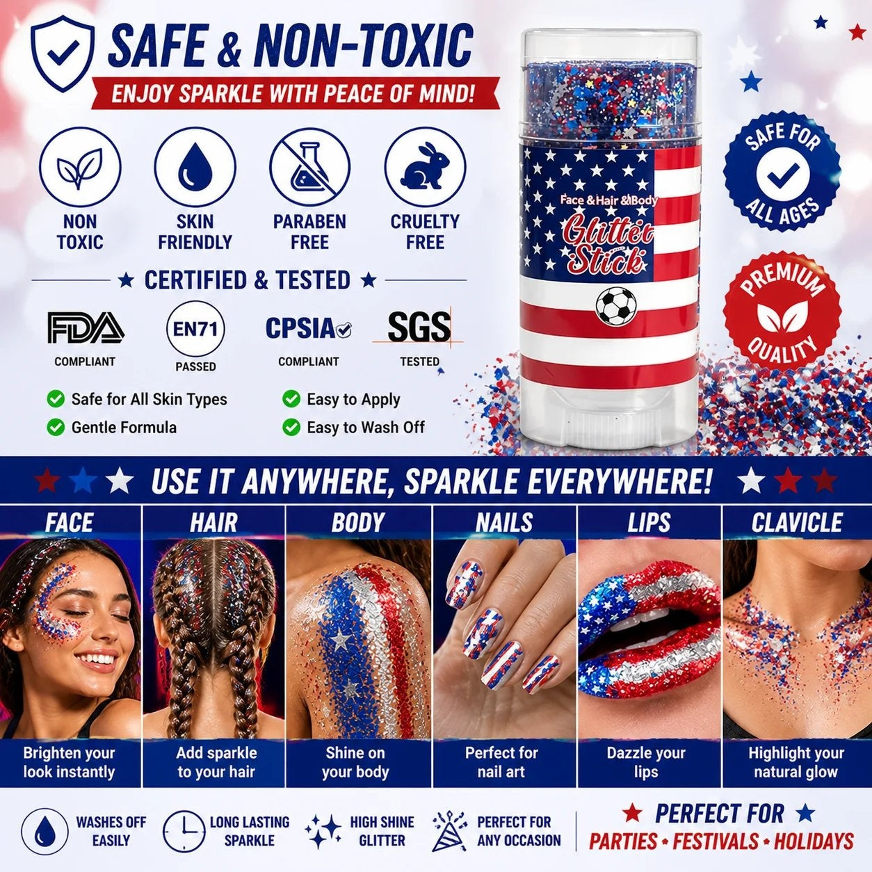 🦅4th of July Glitter Stick✨Red, White & Blue Body & Hair Sparkle