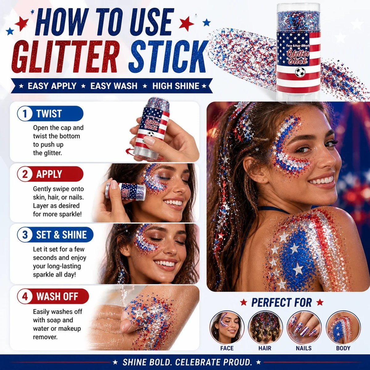 🦅4th of July Glitter Stick✨Red, White & Blue Body & Hair Sparkle