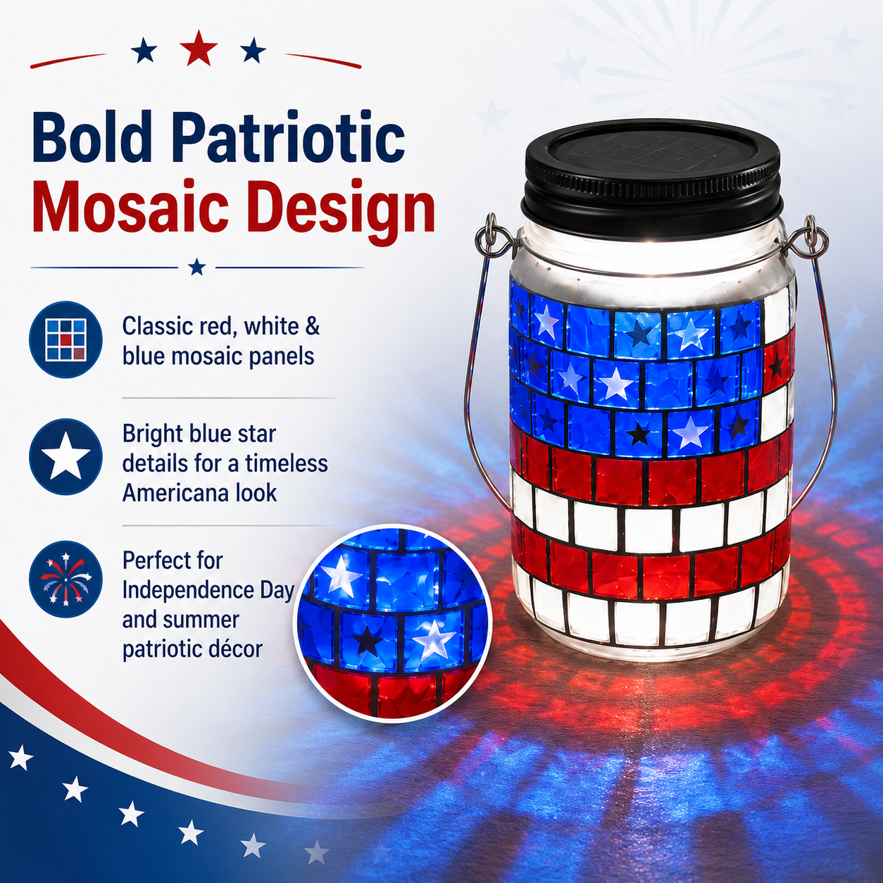 4th of July Solar Patriotic Mason Jar Lantern