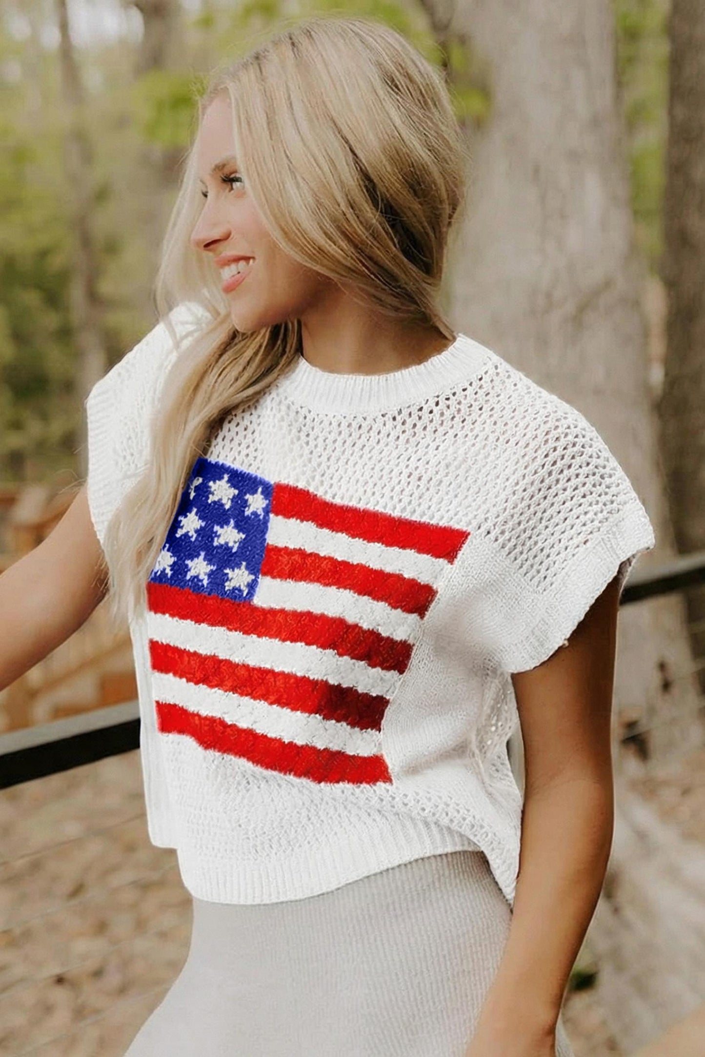 Women's American Flag Graphic Relaxed Fit Short Sleeve Knit Sweater Top