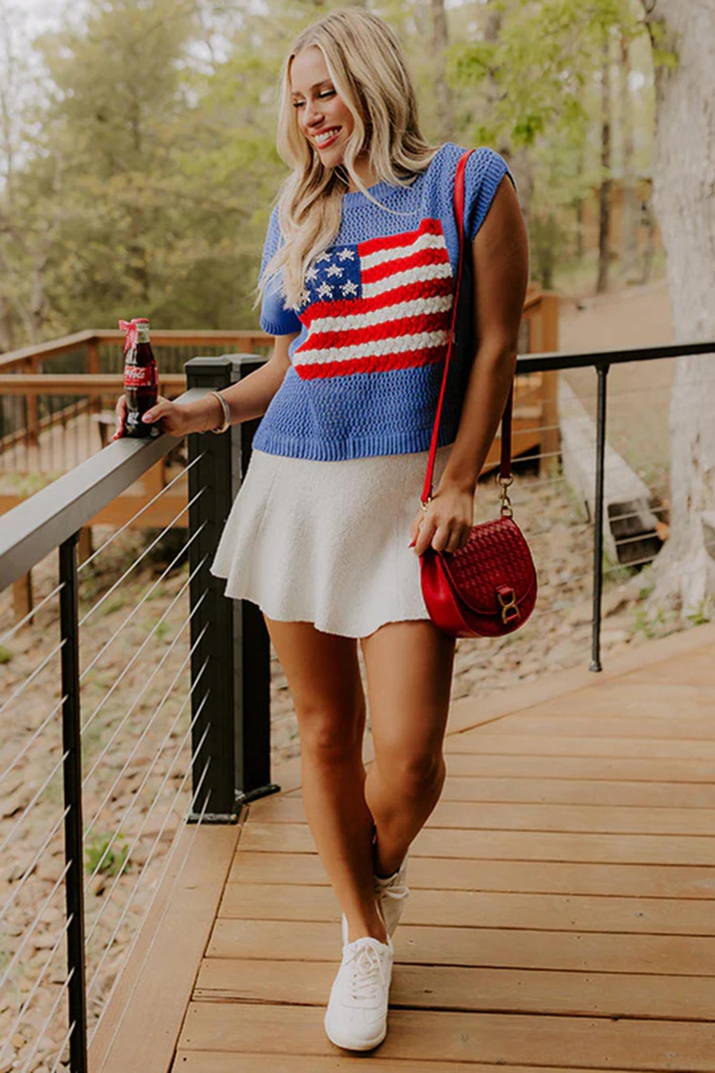 Women's American Flag Graphic Relaxed Fit Short Sleeve Knit Sweater Top
