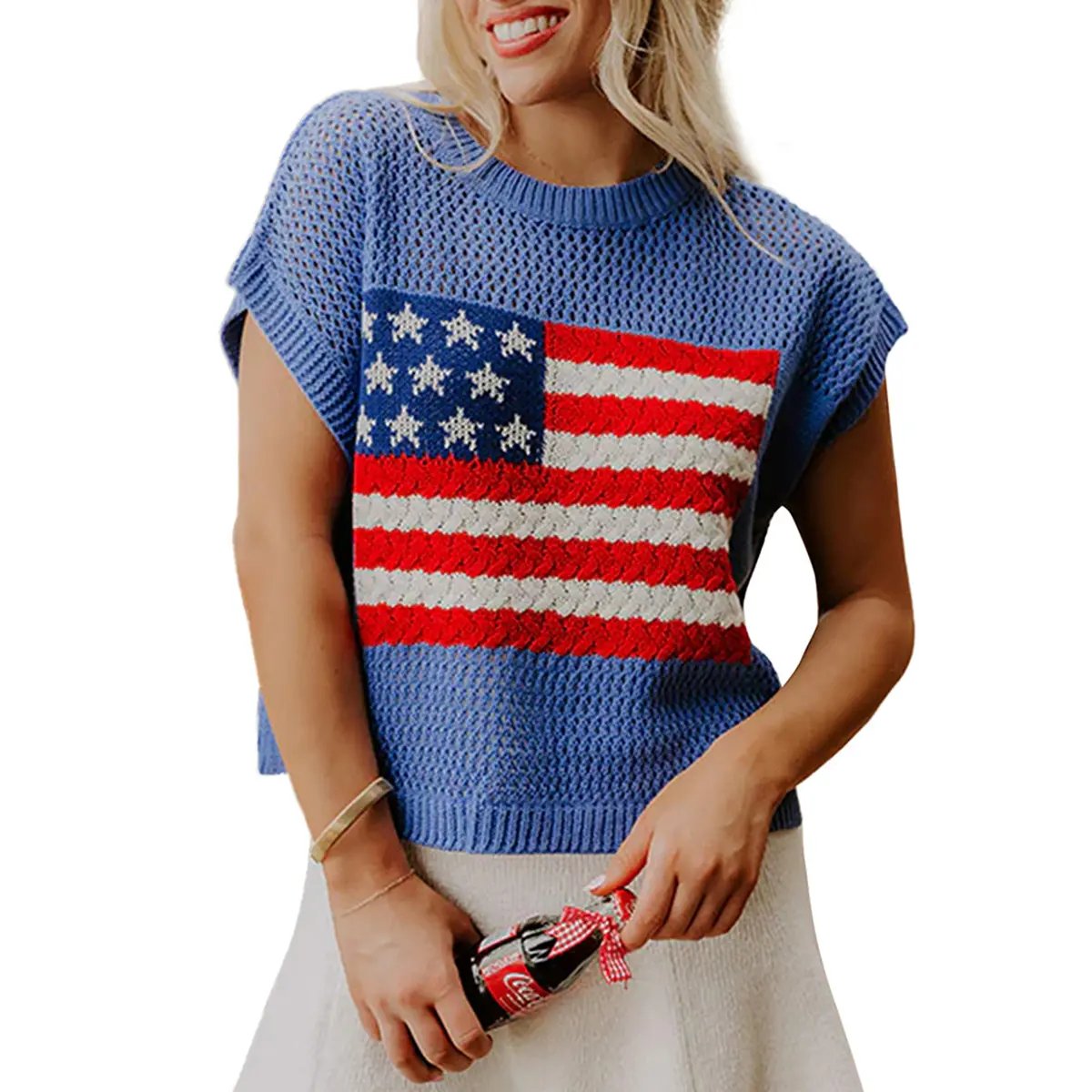 Women's American Flag Graphic Relaxed Fit Short Sleeve Knit Sweater Top