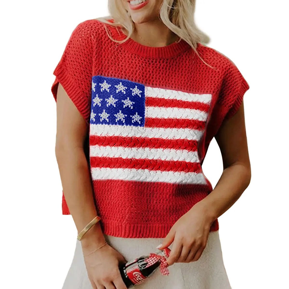 Women's American Flag Graphic Relaxed Fit Short Sleeve Knit Sweater Top