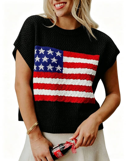 Women's American Flag Graphic Relaxed Fit Short Sleeve Knit Sweater Top