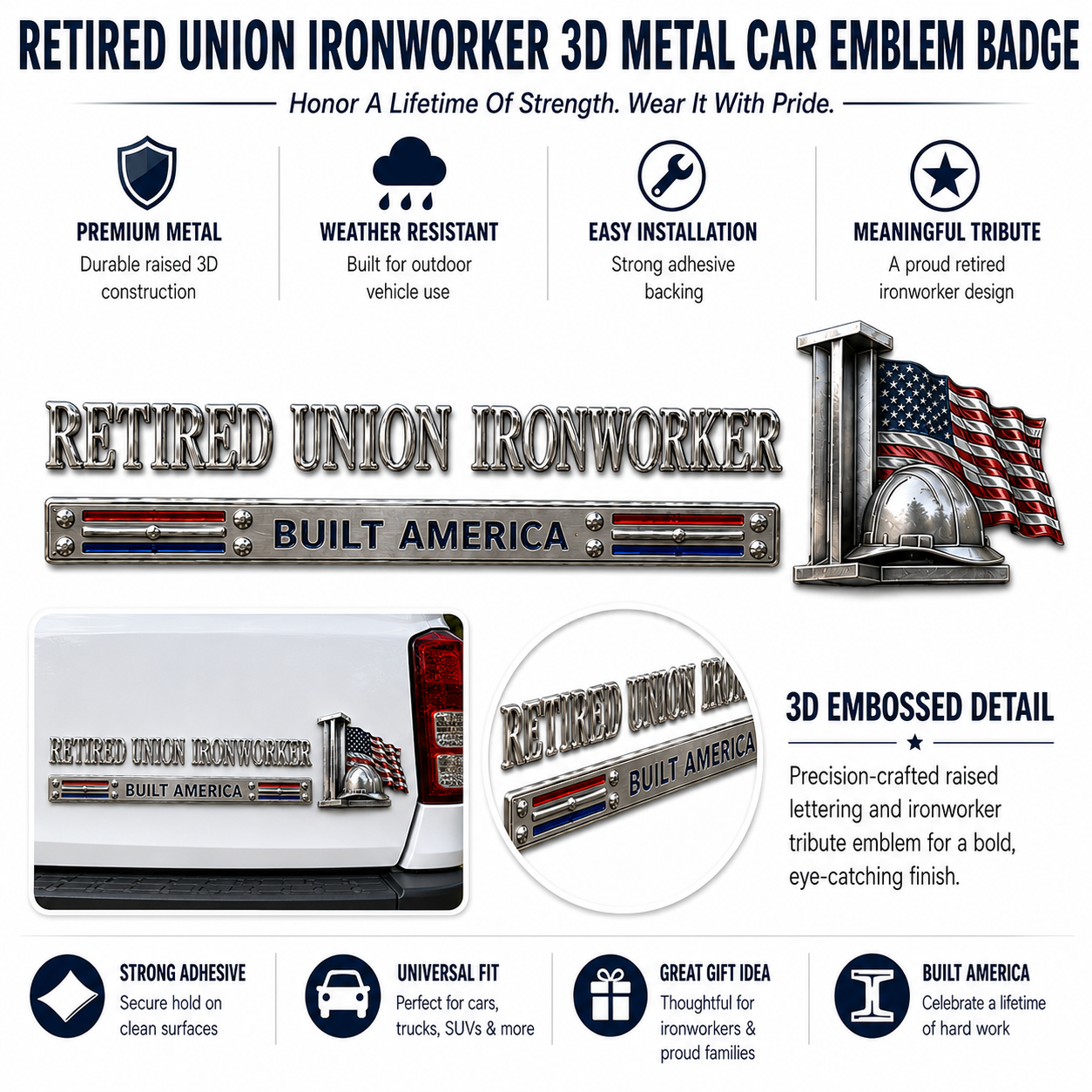 Retired Union Ironworker Built America Metal Car Emblem Badge