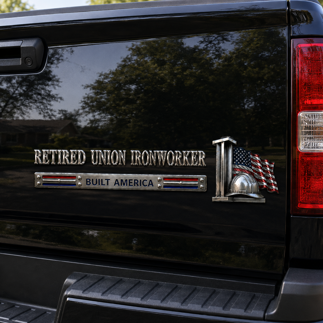 Retired Union Ironworker Built America Metal Car Emblem Badge