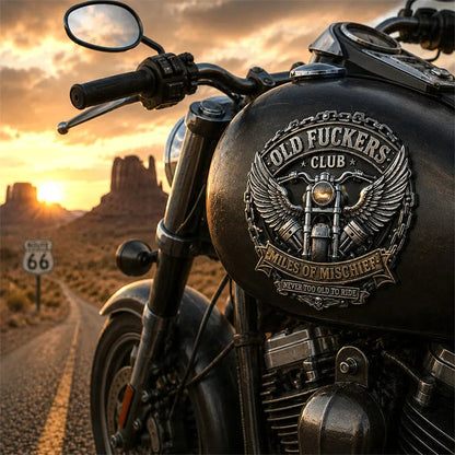 Old Fuckers Club – Miles of Mischief Motorcycle Emblem
