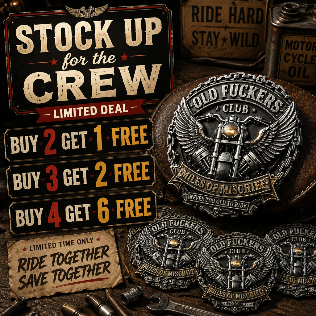 Old Fuckers Club – Miles of Mischief Motorcycle Emblem