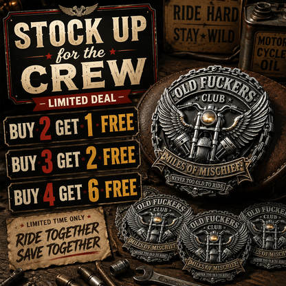 Old Fuckers Club – Miles of Mischief Motorcycle Emblem