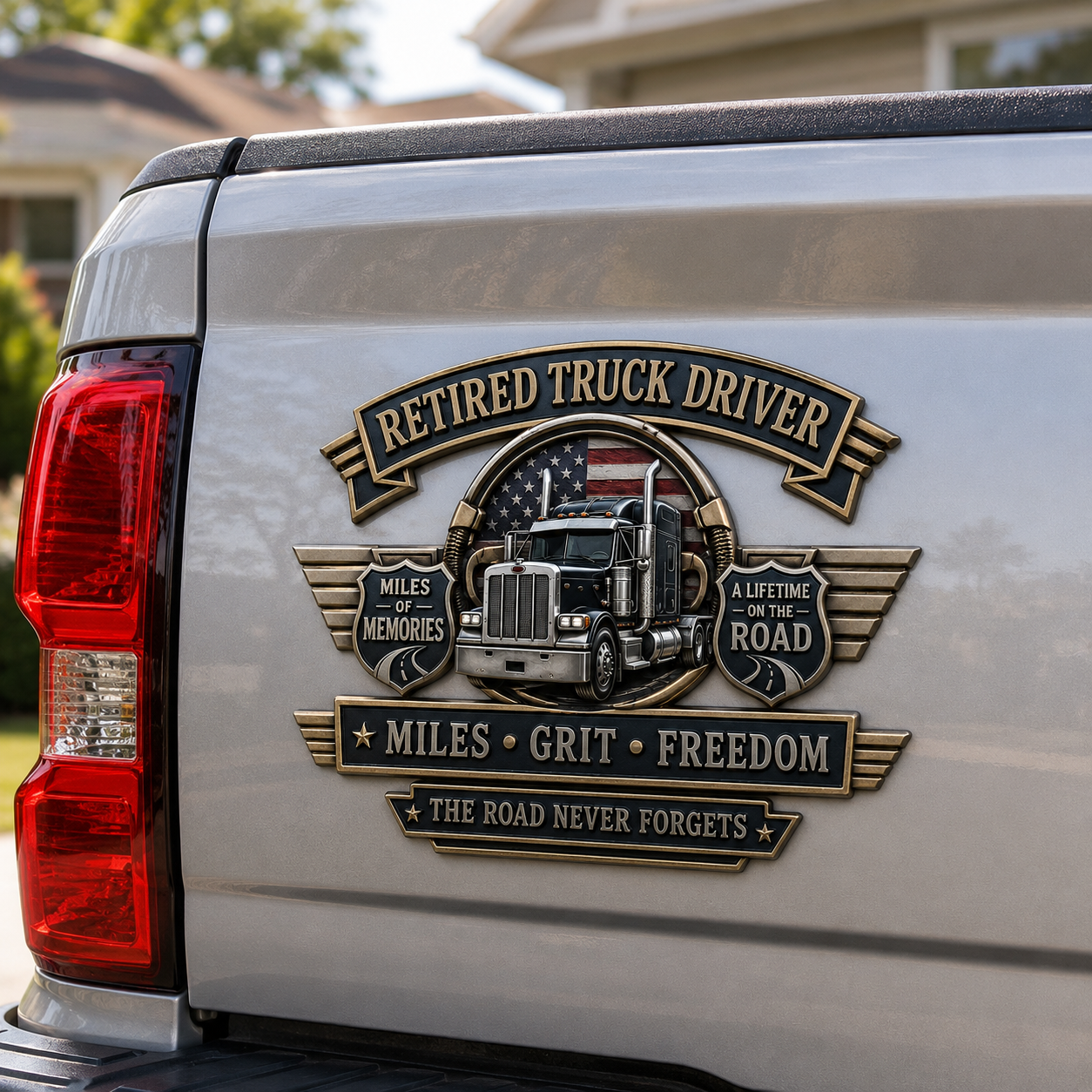 Last Day Promo: 49% OFF –Retired Truck Driver Miles Grit Freedom Metal Car Emblem