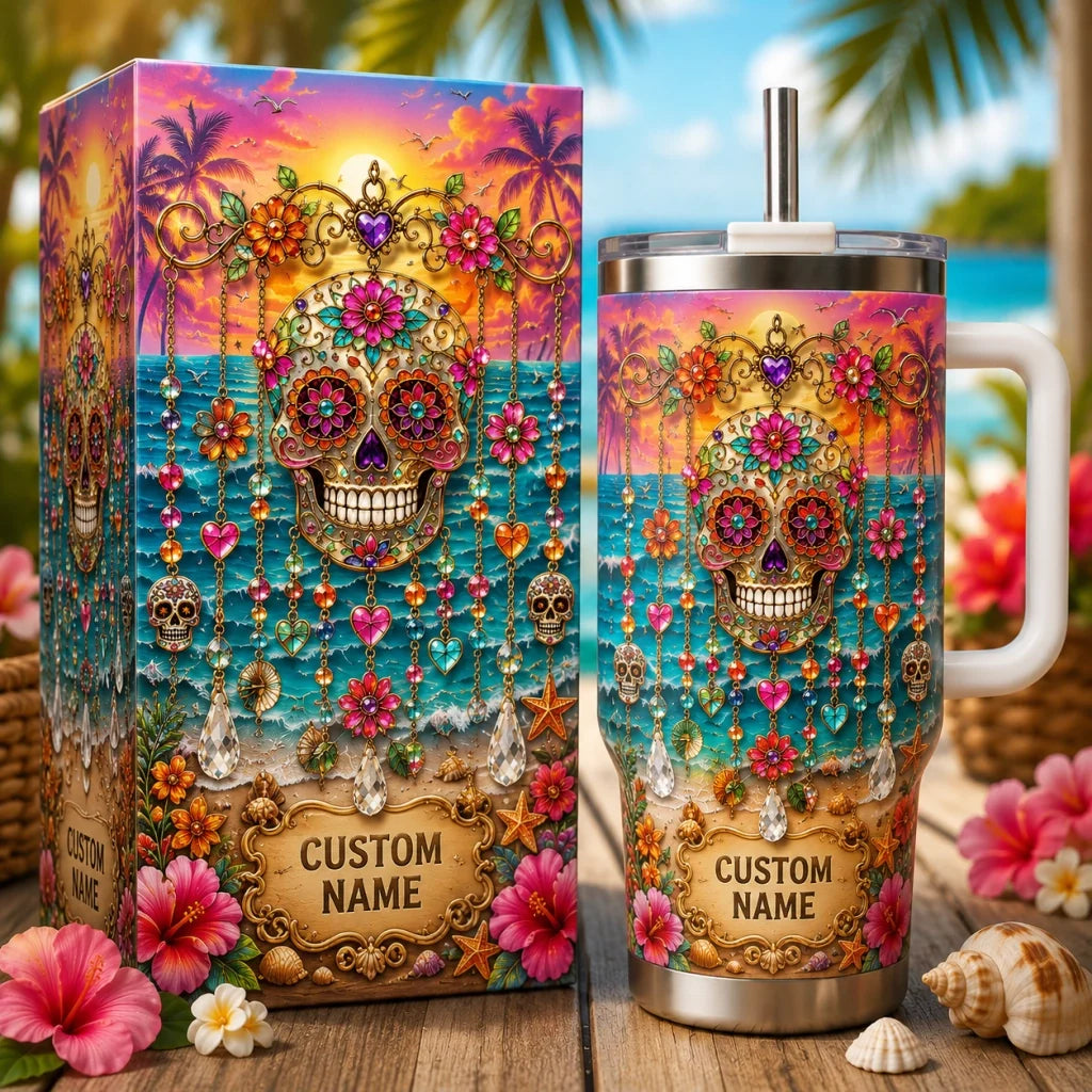 Personalized Sugar Skull Beach Tumbler With Name 🌴🌊