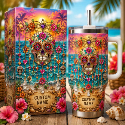 Personalized Sugar Skull Beach Tumbler With Name 🌴🌊