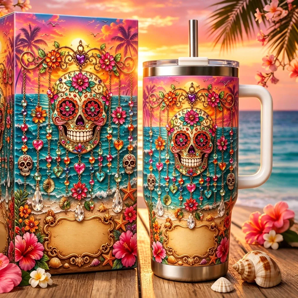 Personalized Sugar Skull Beach Tumbler With Name 🌴🌊