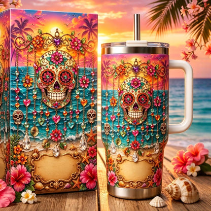 Personalized Sugar Skull Beach Tumbler With Name 🌴🌊
