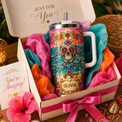 Personalized Sugar Skull Beach Tumbler With Name 🌴🌊