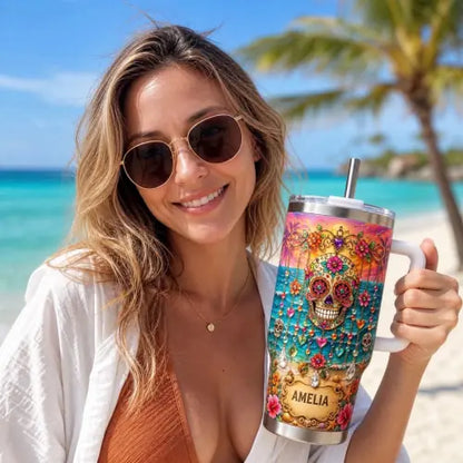 Personalized Sugar Skull Beach Tumbler With Name 🌴🌊