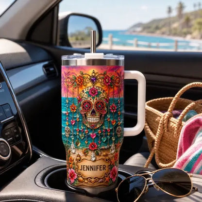 Personalized Sugar Skull Beach Tumbler With Name 🌴🌊