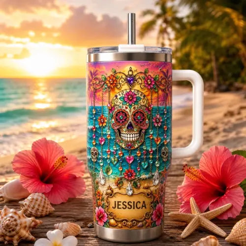 Personalized Sugar Skull Beach Tumbler With Name 🌴🌊