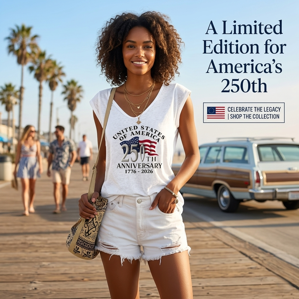 Casual Vneck Sleeveless White Tshirt with American Flag 250th Anniversary Print