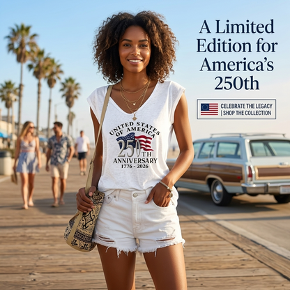 Casual Vneck Sleeveless White Tshirt with American Flag 250th Anniversary Print