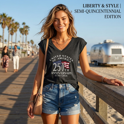 Casual Vneck Sleeveless White Tshirt with American Flag 250th Anniversary Print