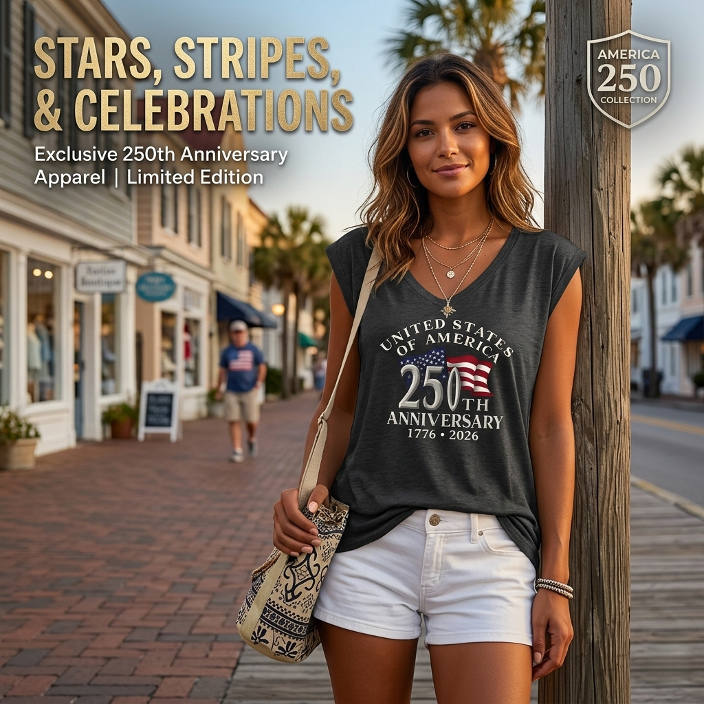Casual Vneck Sleeveless White Tshirt with American Flag 250th Anniversary Print
