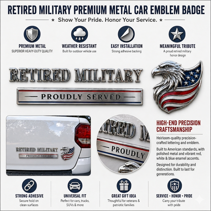 🇺🇸 Retired Military Proudly Served Eagle Car Emblem Metal Badge