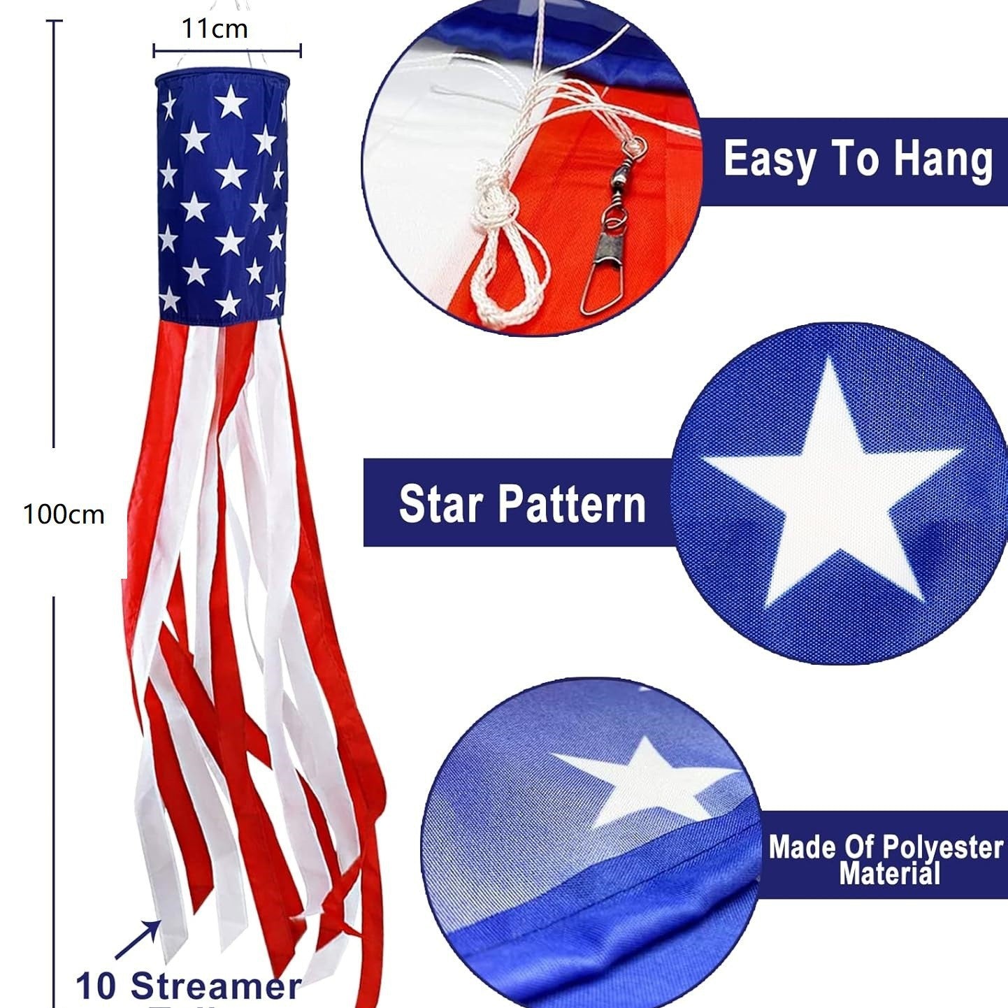 💈💈3 Pack 50 Inch Large American Flag Windsocks with Red White Blue Lights