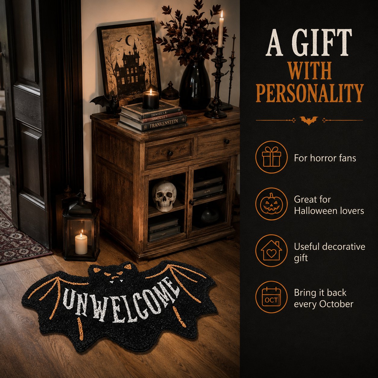 🔥 LAST DAY 49% OFF –🎃 Halloween “UNWELCOME” Bat Entryway Mat | Thick Bat-Shaped Polyester Indoor Rug, Hand-Washable in 2 Sizes 🦇✨