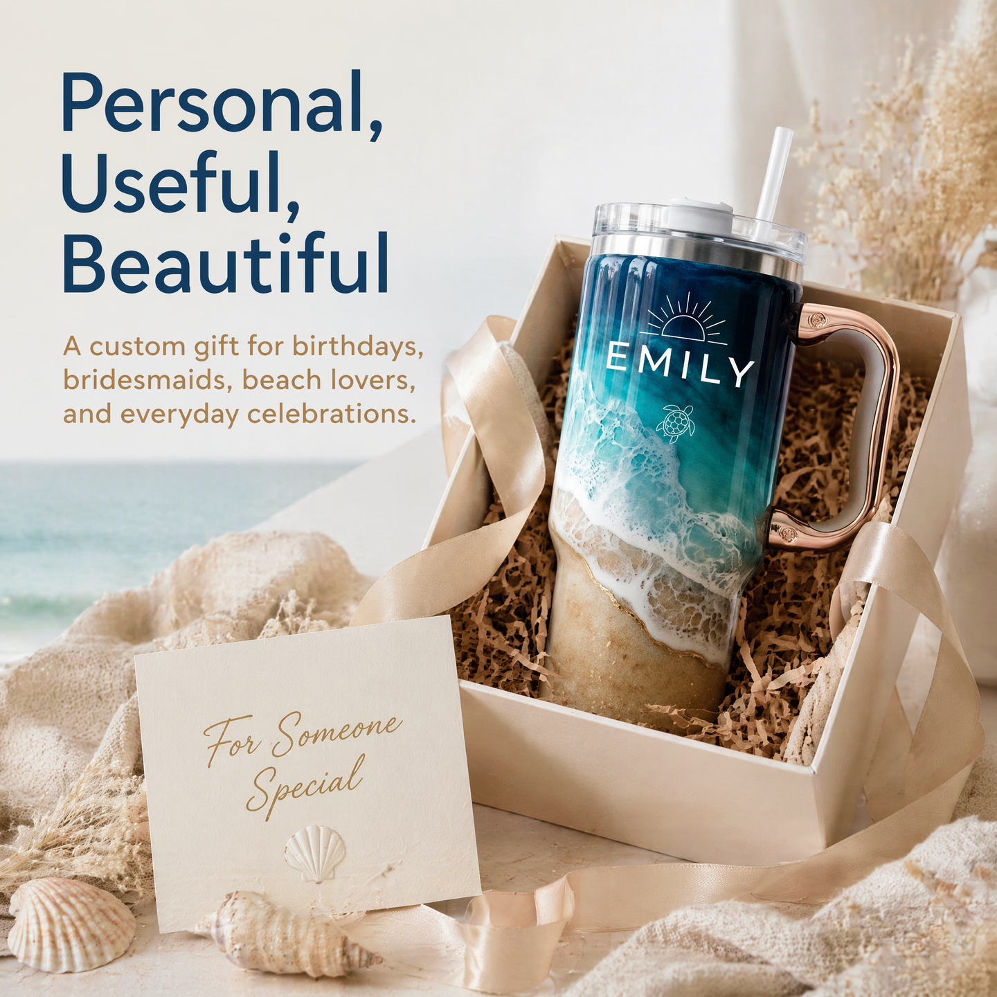 Your Daily Sip of Sunshine & Sea Salt 🌊 | Personalized Coastal Oasis Tumbler with Rose Gold Handle (30oz/40 oz)