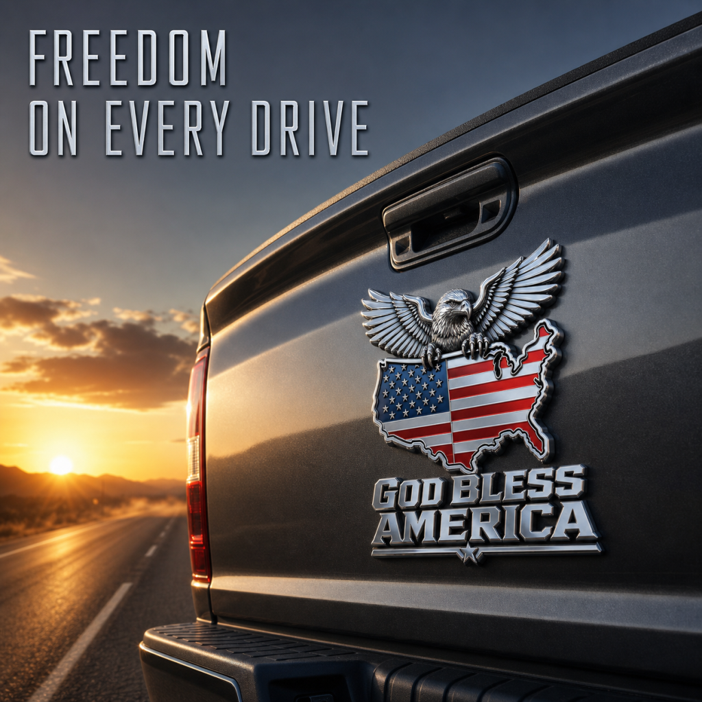 God Bless America Metal Emblem — Bald Eagle with U.S. Map Design