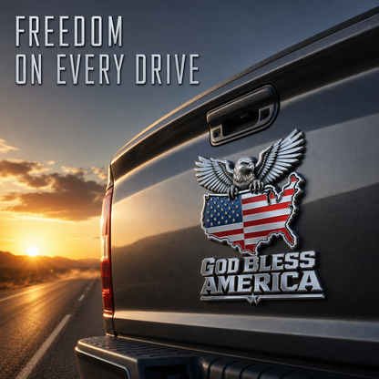 God Bless America Metal Emblem — Bald Eagle with U.S. Map Design