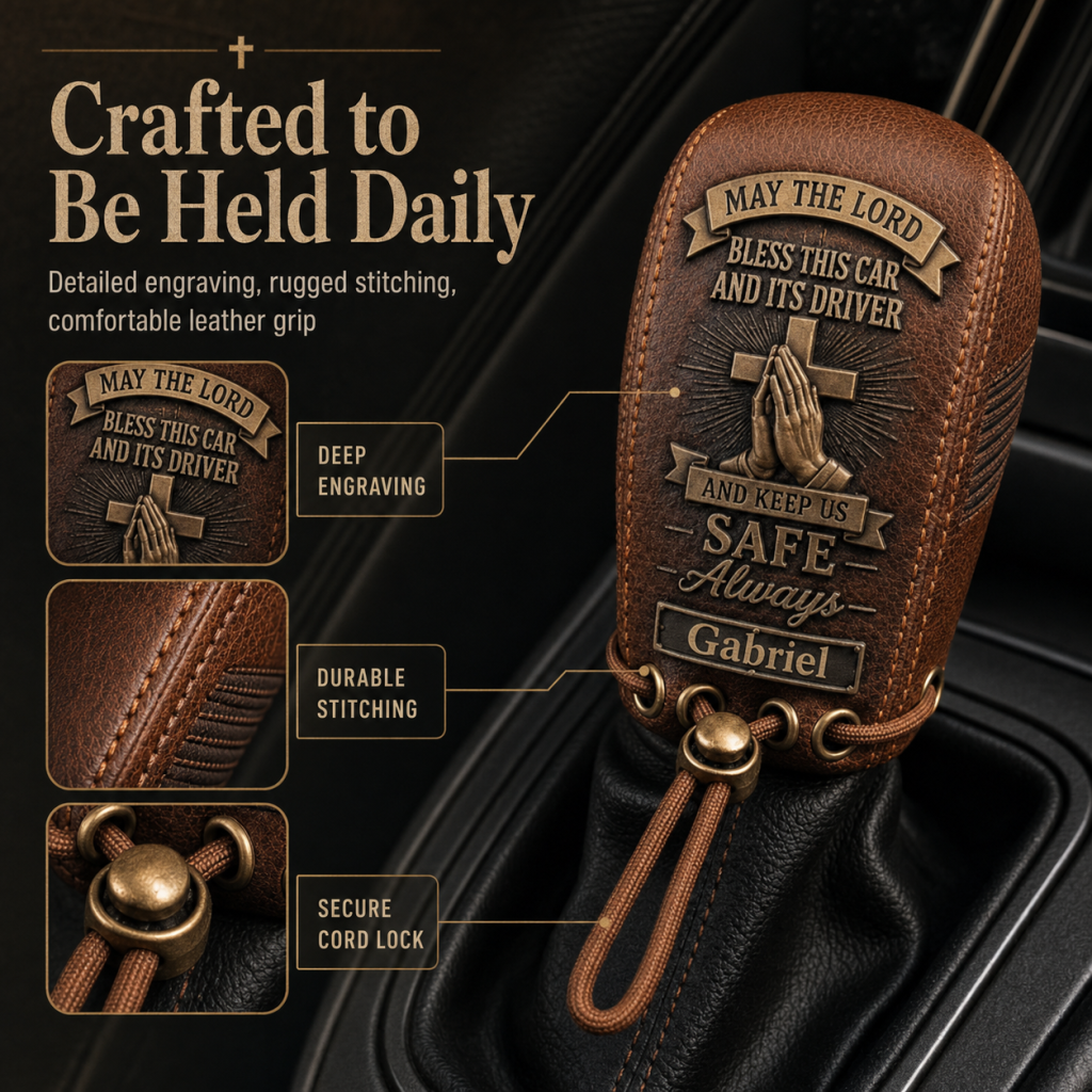 🙏 The "Traveler's Blessing" Custom Leather Gear Shift Cover | Faith Behind The Wheel ✨